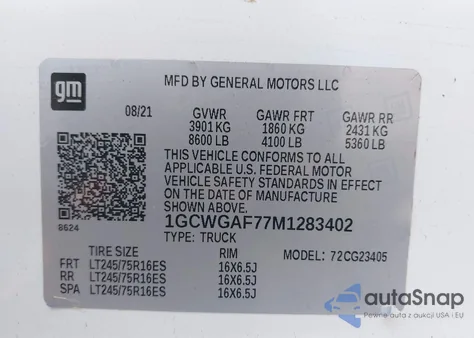 2021 Chevrolet Express Cargo Rwd 2500 Regular Wheelbase Wt from USA, damaged, VIN 1GCWGAF77M1283402